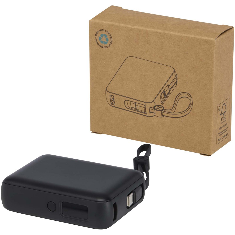 Acrux tabletpowerbank van 10.000 mAh 35 W met ingebouwde Type-C kabel van gerecycled plastic - Zwart