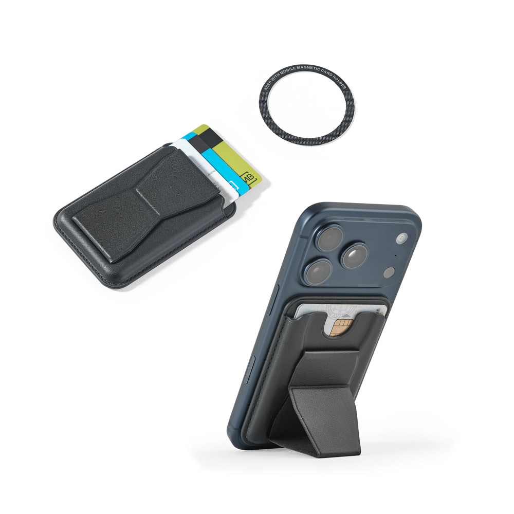 CONNOR. Magnetische kaarthouder van PU-leer, eenvoudig te bevestigen aan de achterkant van uw mobiele telefoon, met RFID-blokkering