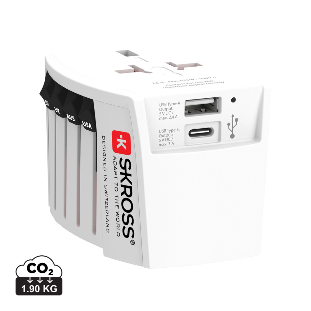SKROSS MUV 2-polige wereldreisadapter met USB A en C