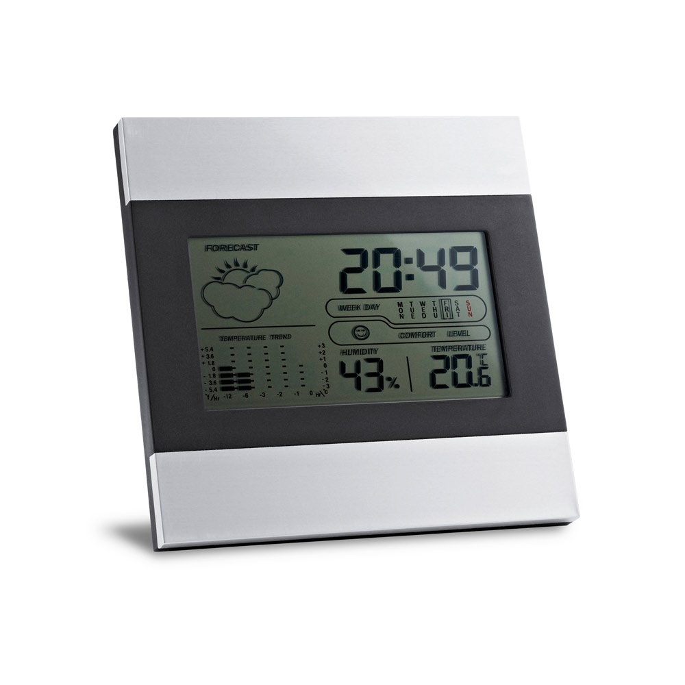 DENE. Desktop weerstation met aluminium en ABS LCD scherm