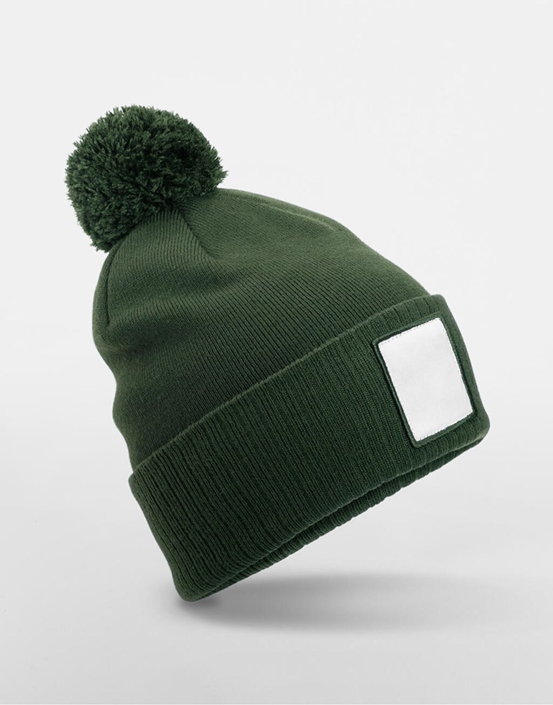 Appliqué Patch Pom Beanie - Olive Green/White