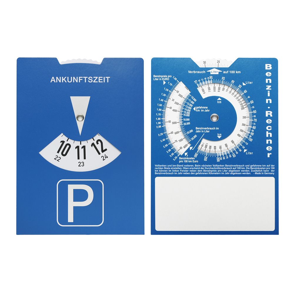 Kartonnen parkeerschijf met benzineberekener