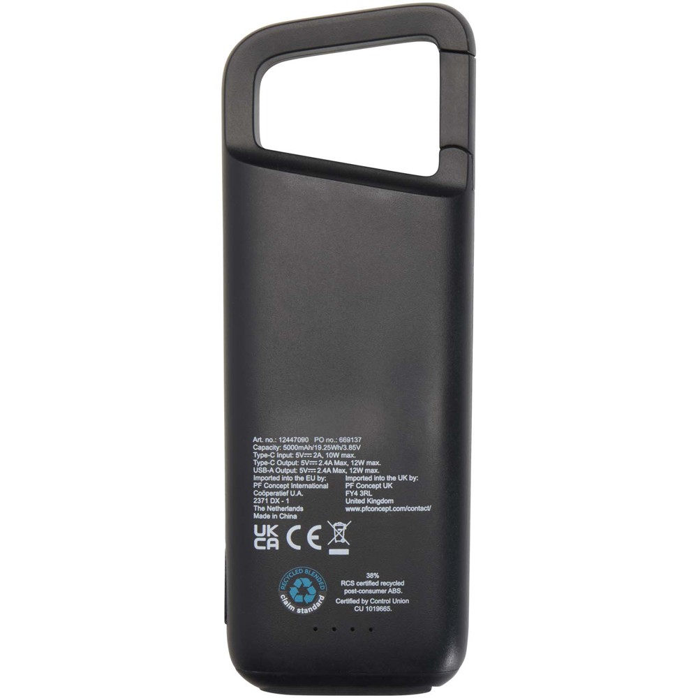 Alkes waterbestendige powerbank van 5000 mAh 12 W van gerecycled plastic met karabijnhaak
