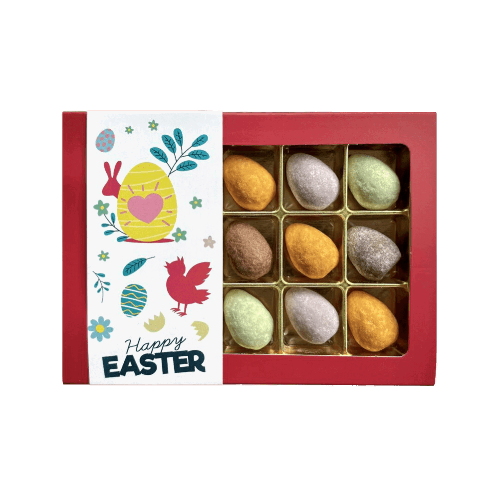 Chocolade gevulde paaseitjes | karamel/framboos/pistache | geschenkdoos | 185g