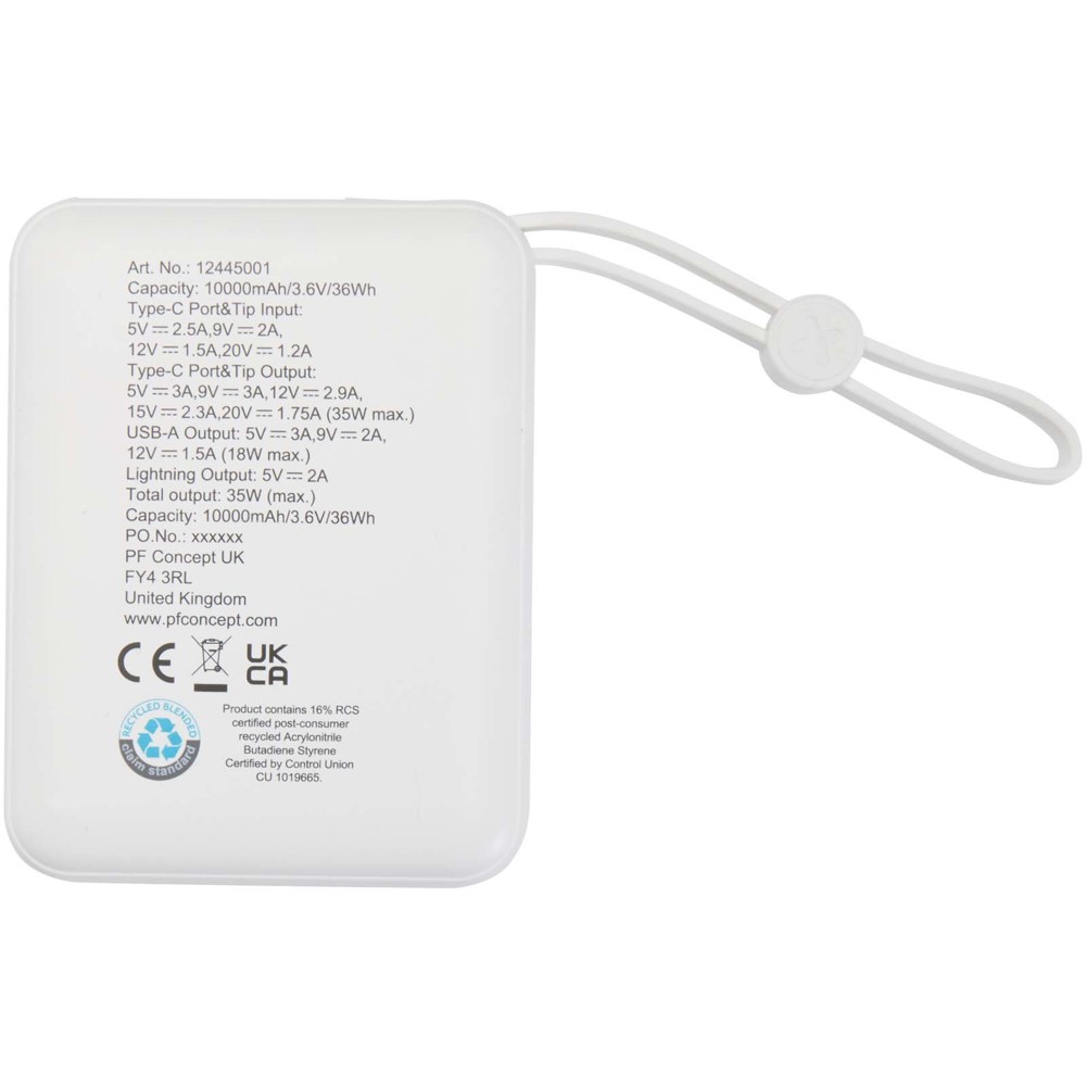 Acrux tabletpowerbank van 10.000 mAh 35 W met ingebouwde Type-C kabel van gerecycled plastic
