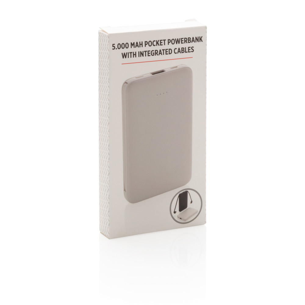 5.000 mAh zakformaat powerbank met geïntegreerde kabels