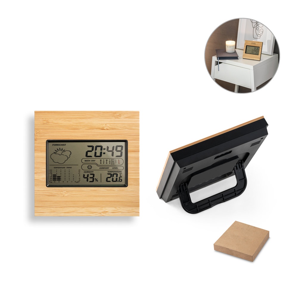 BROMLEY. Desktop weerstation met LCD scherm in ABS en bamboe
