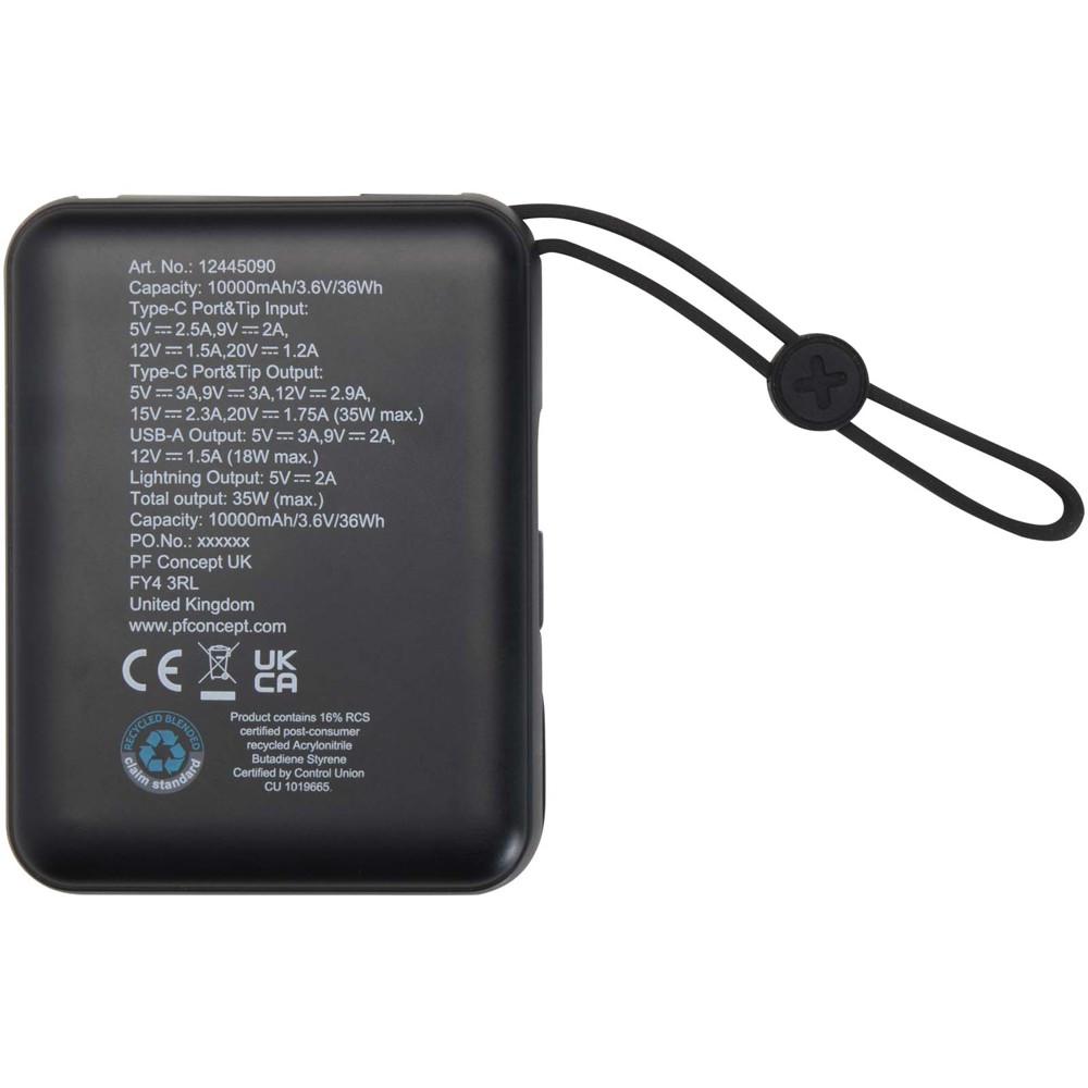 Acrux tabletpowerbank van 10.000 mAh 35 W met ingebouwde Type-C kabel van gerecycled plastic