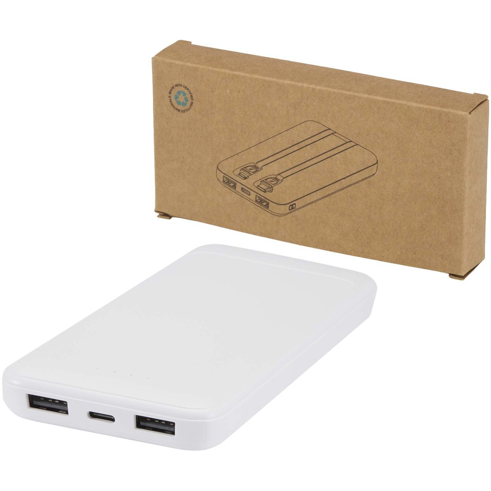 Adhil powerbank van 10.000 mAh 10 W van gerecycled plastic met 2 ingebouwde kabels - Wit