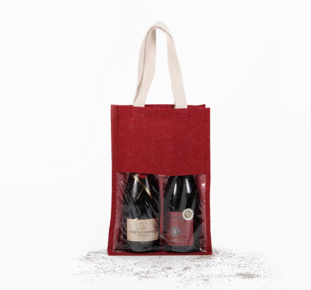 Flessentas van jute - cherry red/gold