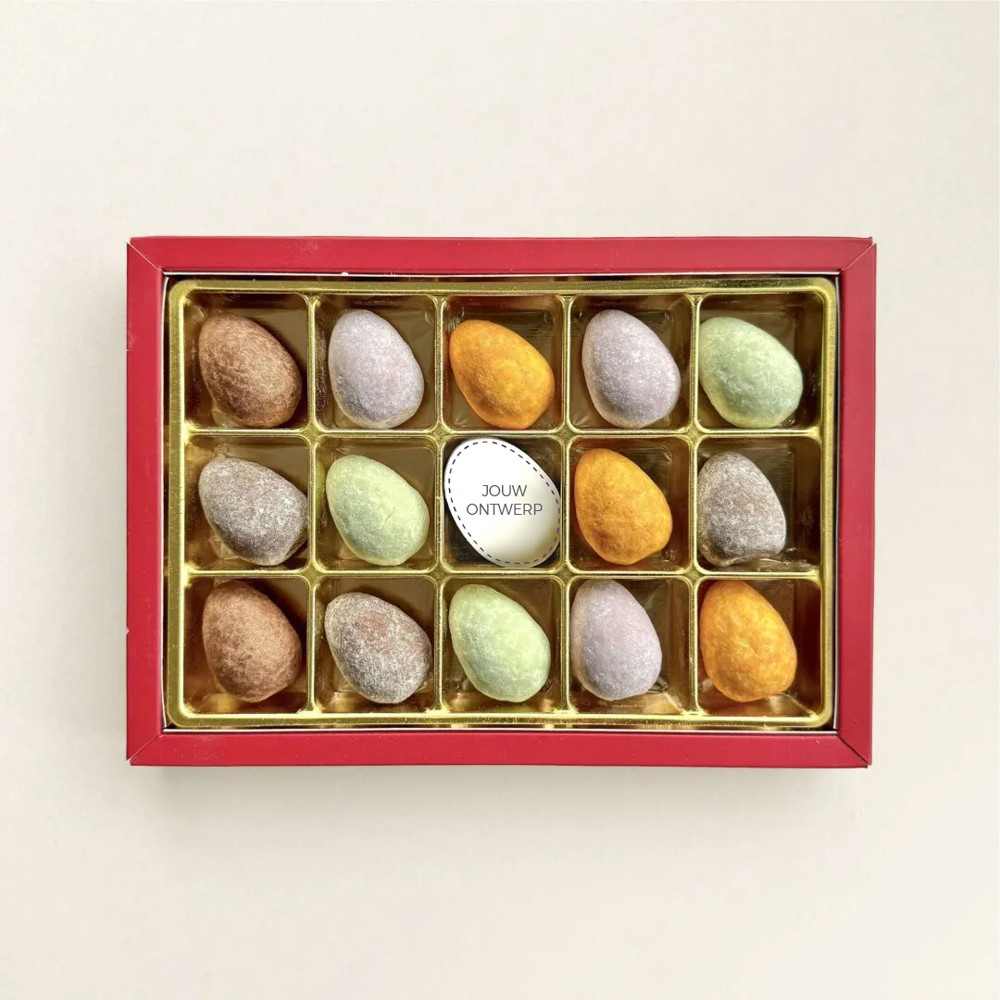 Chocolade gevulde paaseitjes | karamel/framboos/pistache | geschenkdoos | eigen logo | 185g