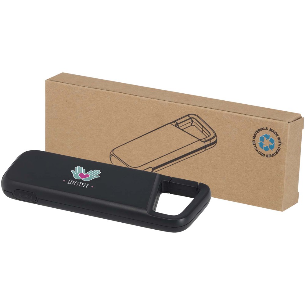 Alkes waterbestendige powerbank van 5000 mAh 12 W van gerecycled plastic met karabijnhaak