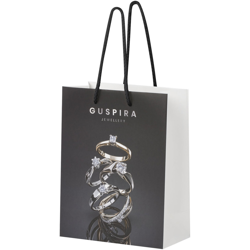 Handgemaakte 170 g/m2 integra papieren tas met PP woven handgrepen - 18 x 9 x 23 cm - Wit, Zwart