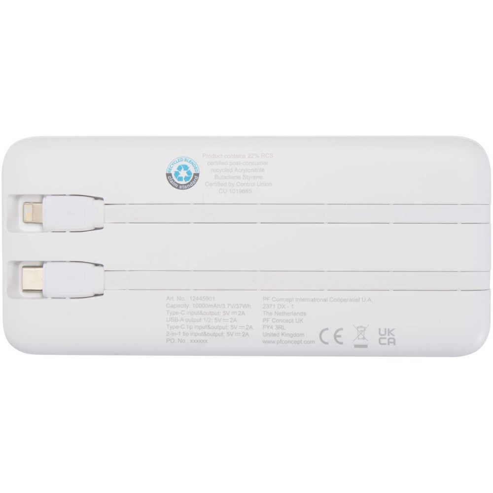 Adhil powerbank van 10.000 mAh 10 W van gerecycled plastic met 2 ingebouwde kabels